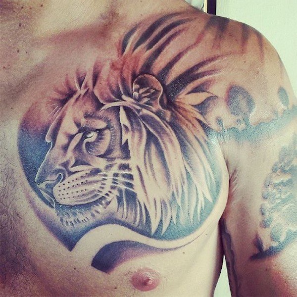 Black-and-Grey-Realistic-Lion-Tattoo-On-Half-Chest-for-Men