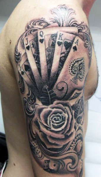 Grey-And-Black-Playing-Cards-And-Rose-Tattoo-On-Man-Right-Half-Sleeve-by-Amanda-Ruby