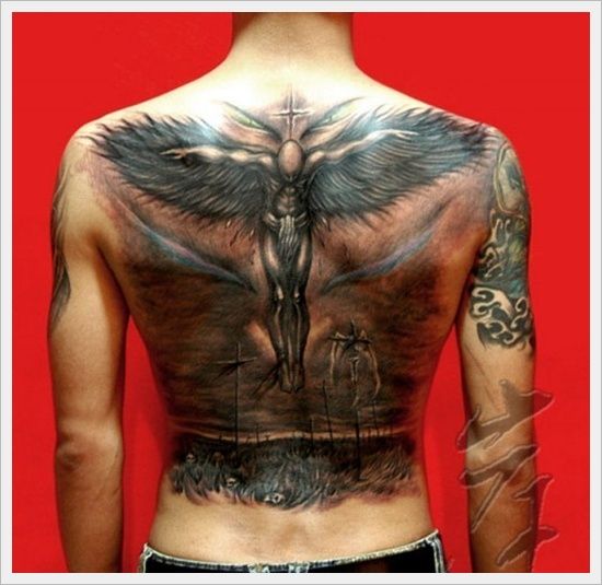 angel jesus and two thieves back tattoo for men