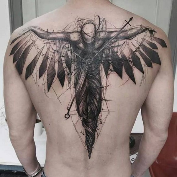 angel sketch back tattoo for men