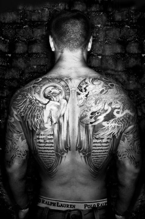 angel vs demon back tattoo for men