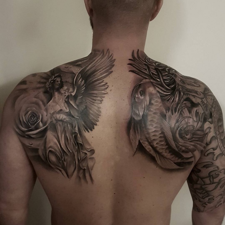 angel vs serpent back tattoo for men