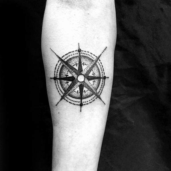 black and white compass inner bicep tattoo for men