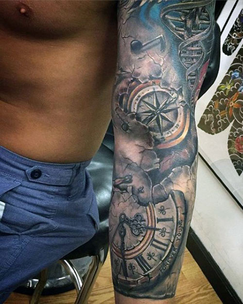 clock and compass tattoo for guys