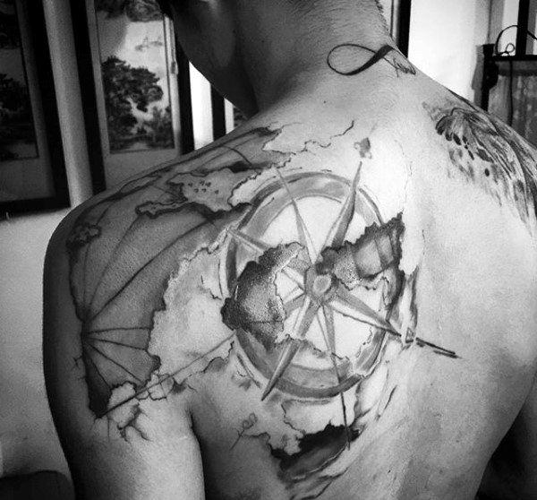 clouds and compass tattoo for men