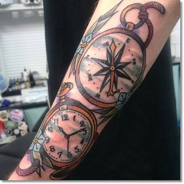 colored clock and compass tattoo design for men