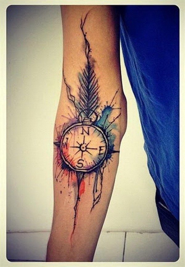 colored feather and compass tattoo for guys