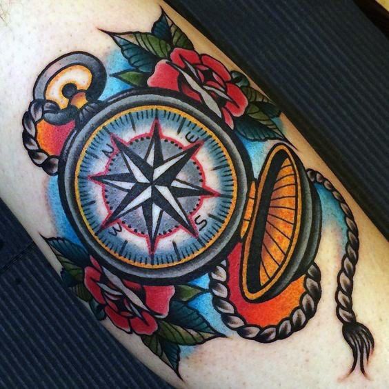 colored forearm compass tattoo design for men