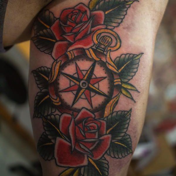 colored rose and compass tattoo design for men