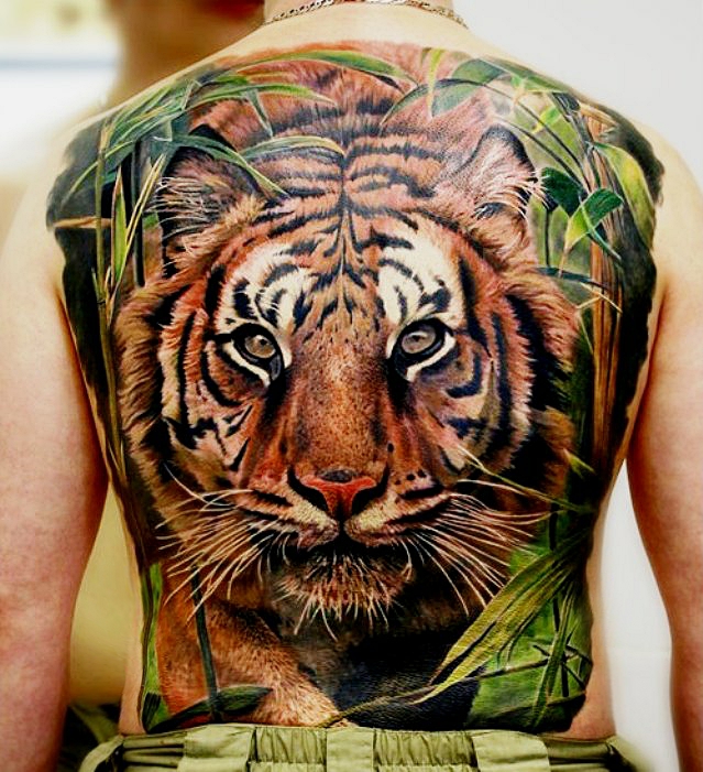 colored tiger face back tattoo for men