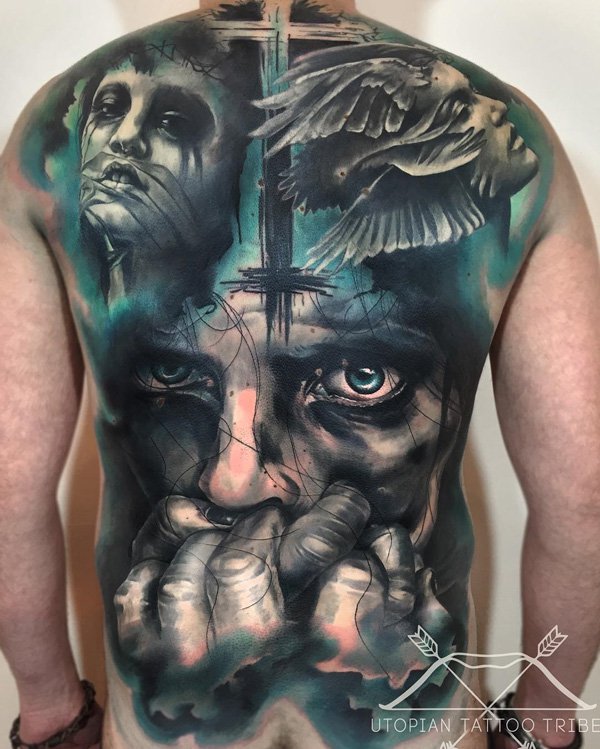 death and angels back tattoo for men