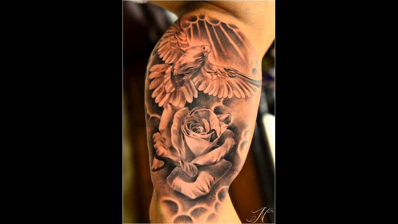 dove and rose inner bicep tattoo for men