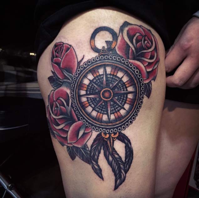 floral compass tattoo design for men