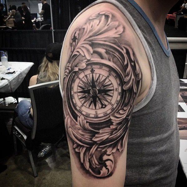 flowers and compass tattoo for guys