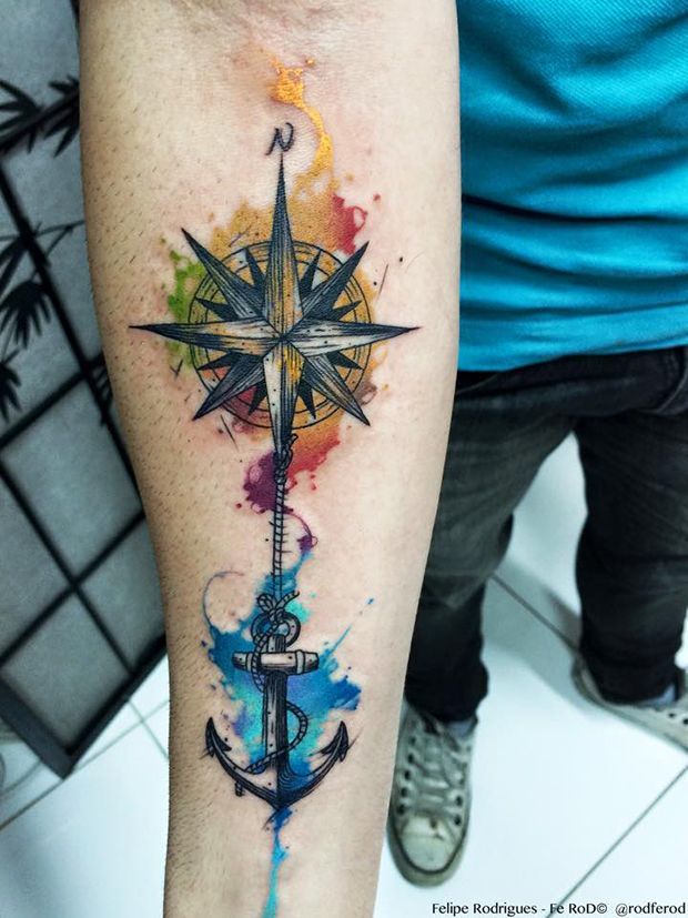 fully colored compass tattoo for men
