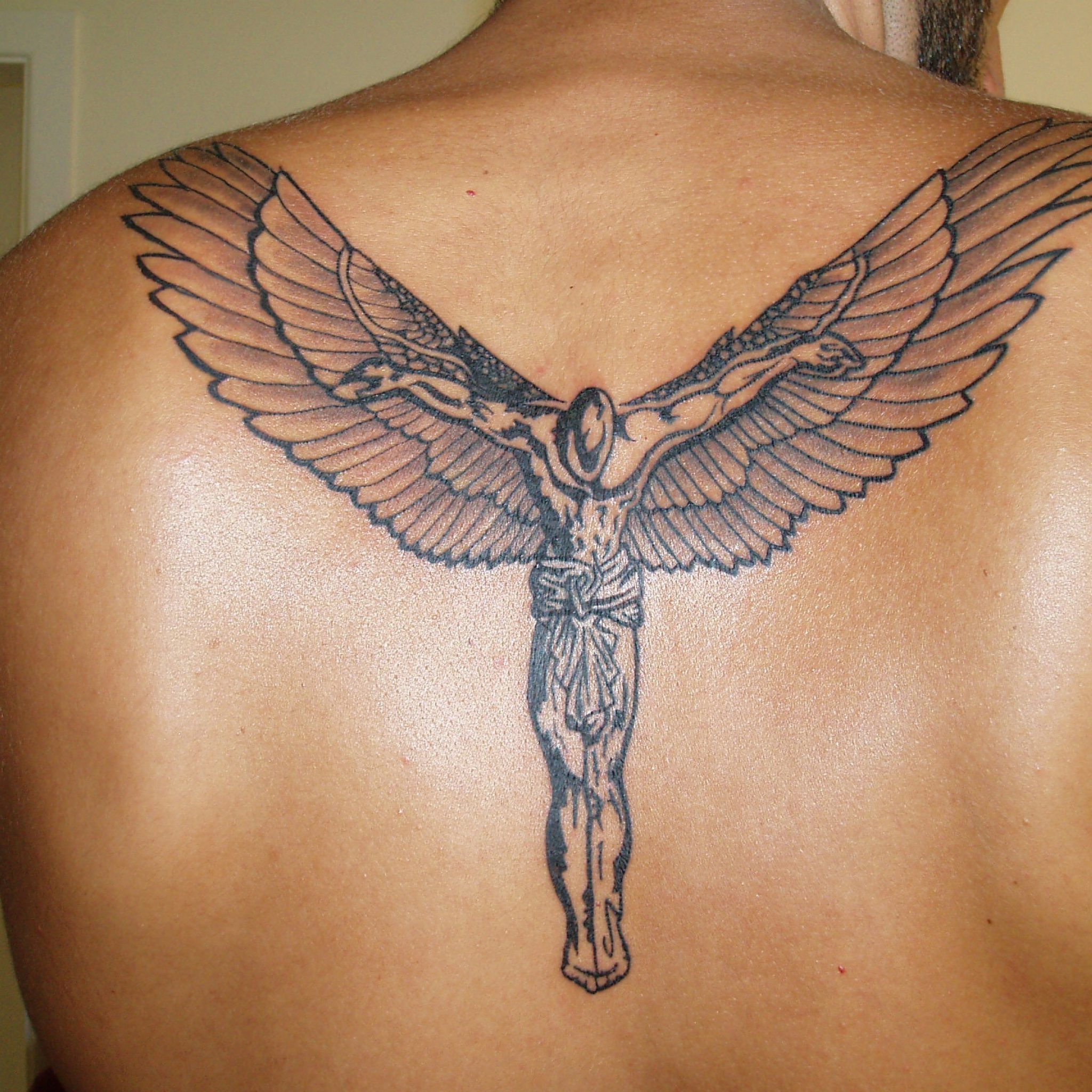 jesus with wings crucifix back tattoo for men