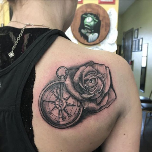 large rose and compass tattoo design for men
