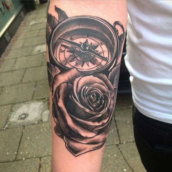 large rose and compass tattoo for men