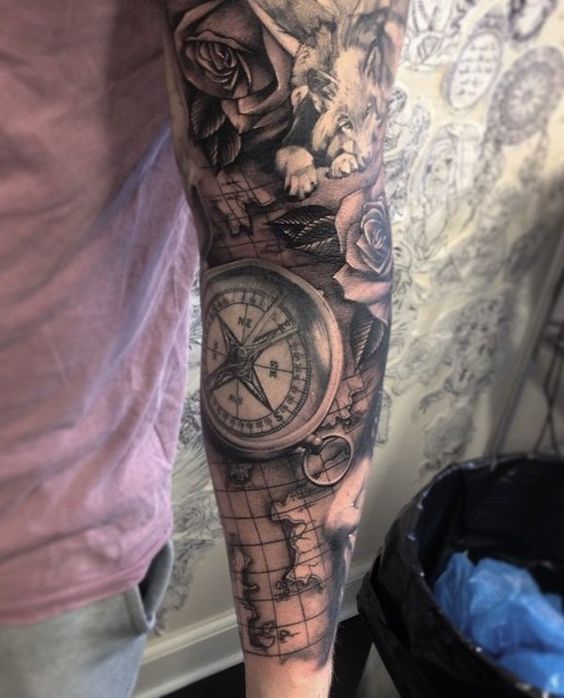 map sleeve compass tattoo for men