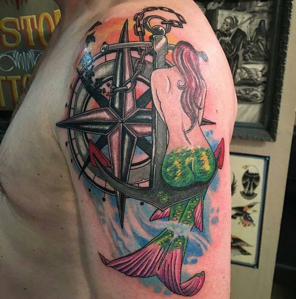 mermaid and compass tattoo for guys