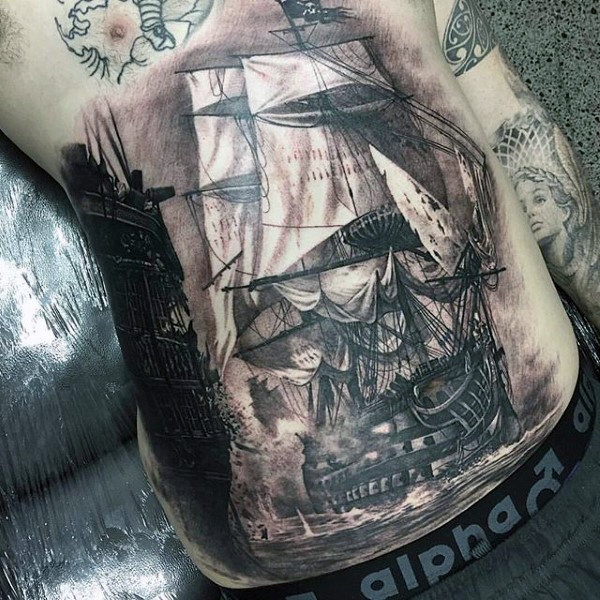 realistic-sailing-ship-men-stomach-tattoo