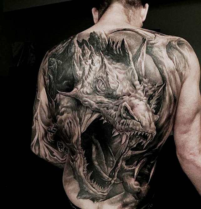 roaring dragon back tattoo for men