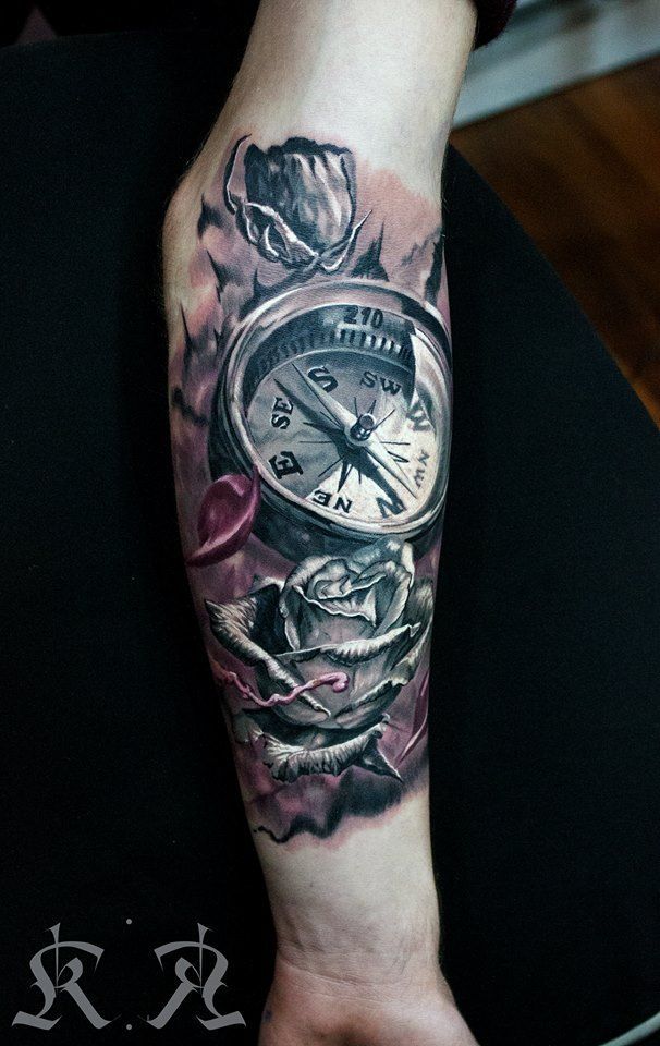 roses and compass tattoo for guys
