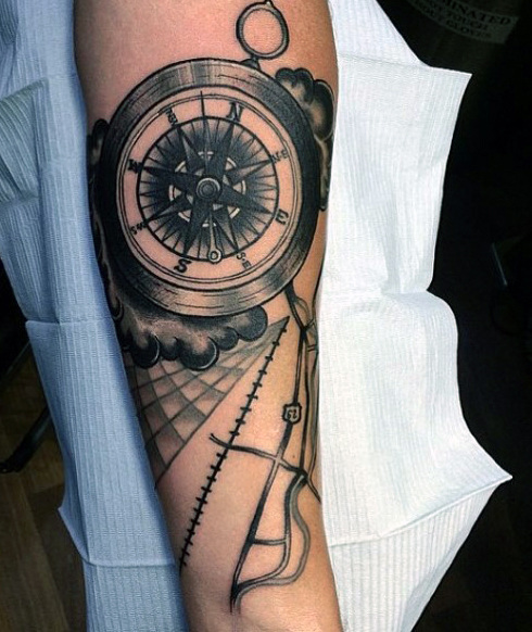 shaded compass tattoo for men