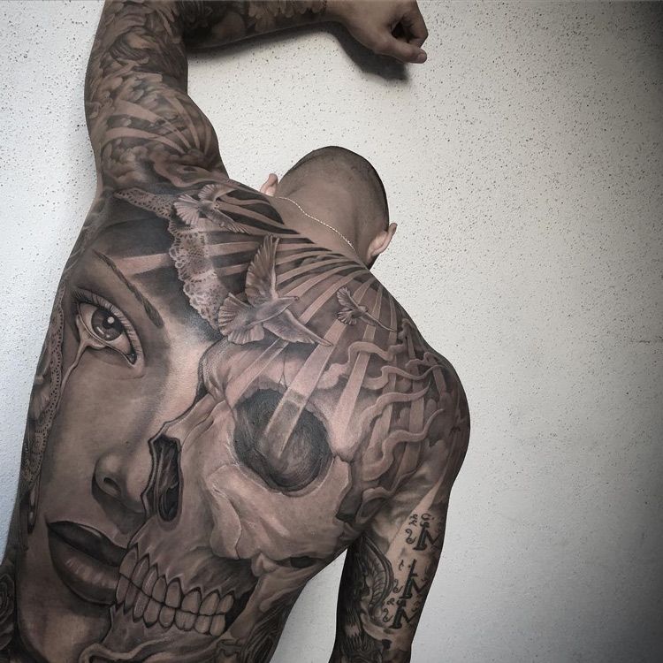 skull and woman back tattoo for men