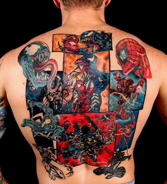 spiderman and venom back tattoo for men