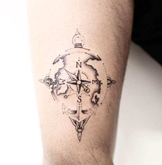 subtle world and compass tattoo for men