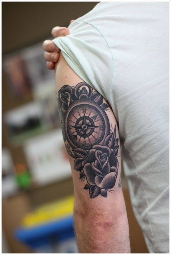 tricep rose and compass tattoo for guys