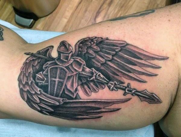warrior angel inner bicep tattoo for men