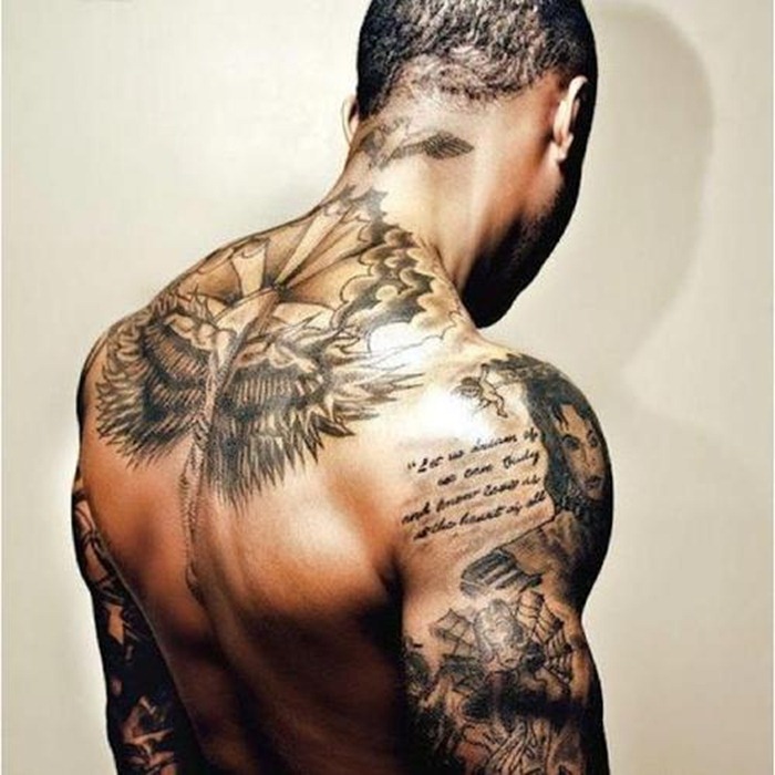 wings and scripture scrolls back tattoo for men