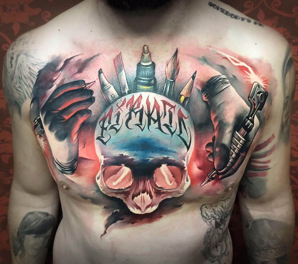 Attractive-3D-Skull-Tattoo-On-Man-Chest-By-Benjamin-Laukis