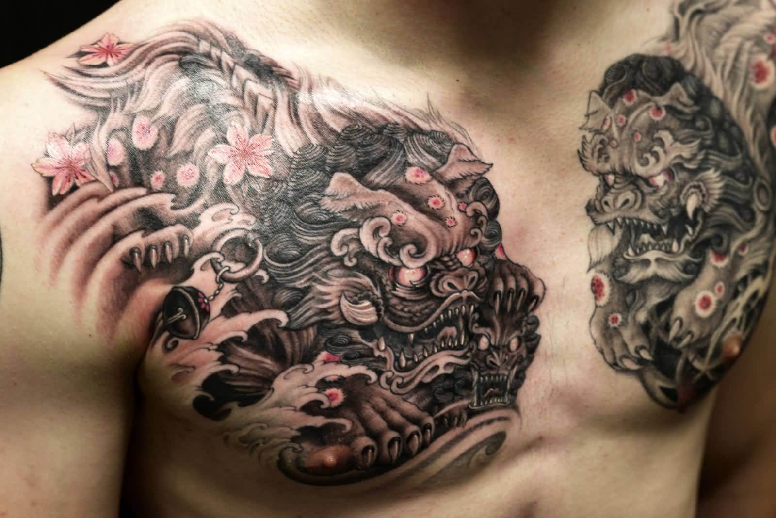 Superb-Black-And-Grey-Colored-Foo-Dogs-Ripped-Skin-Tattoo-On-Chest