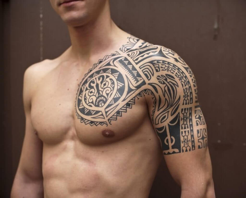Superb-Polynesian-Tribal-Tattoo-On-Left-Chest-And-Shoulder-For-Men