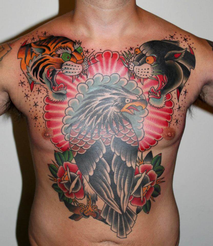 Traditional-Eagle-With-Tiger-And-Panther-Head-Tattoo-On-Man-Chest-By-Myke-Chambers