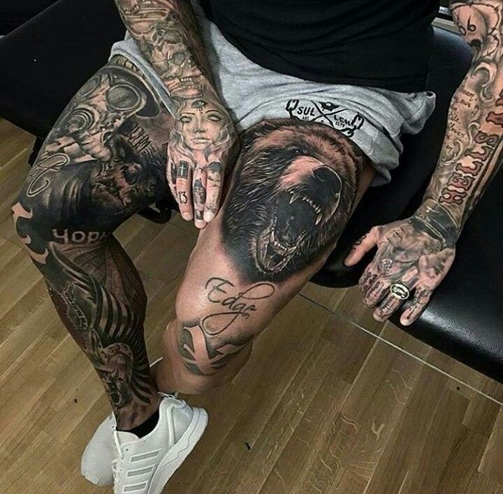 bear face leg tattoo for men