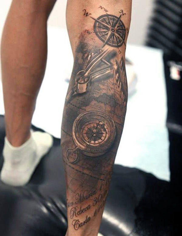 compass leg tattoo for men
