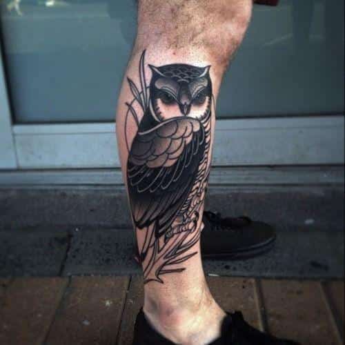 cute owl leg tattoo for men