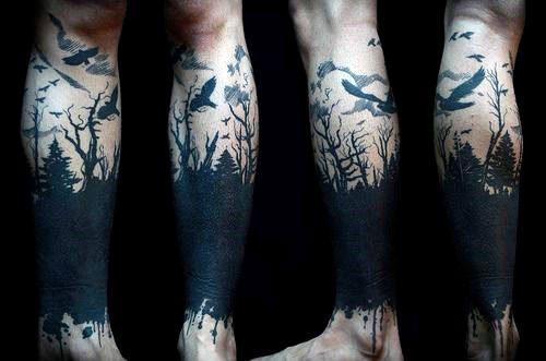 dark forest leg tattoo for men