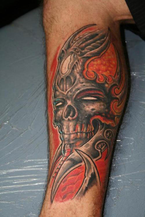 evil skull leg tattoo for men