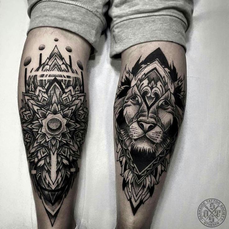 lion face leg tattoo for men