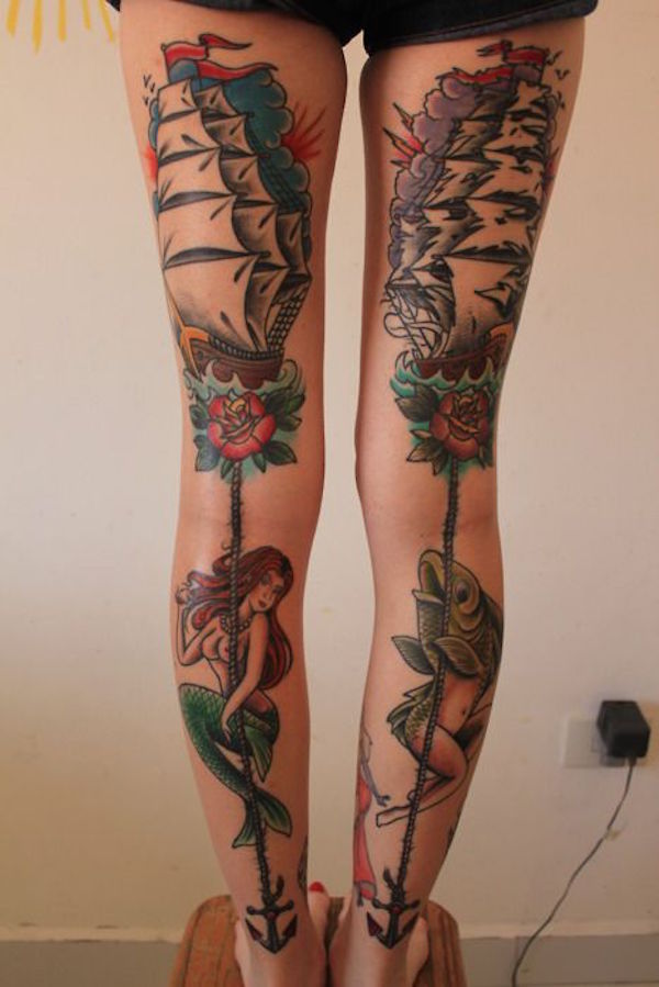 mermaid and ship, fish and ship leg tattoo for men