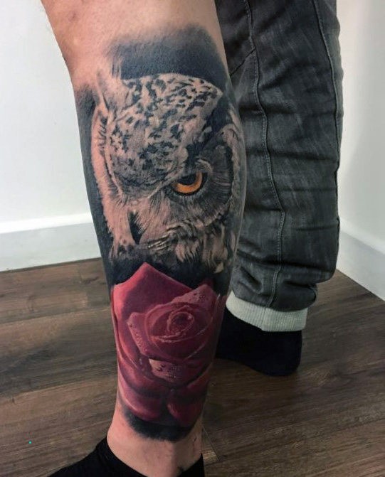 owl and rose leg tattoo for men