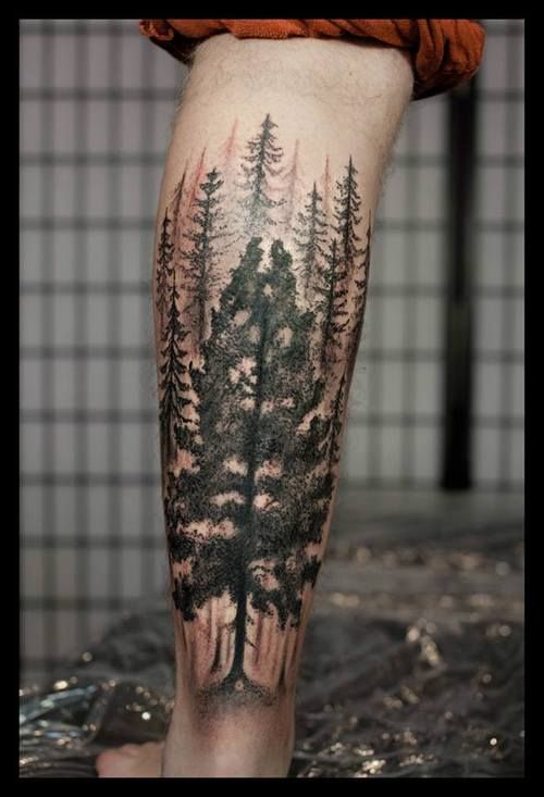 pine trees leg tattoo for men