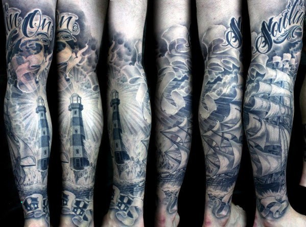 ship and lighthouse leg tattoo for men