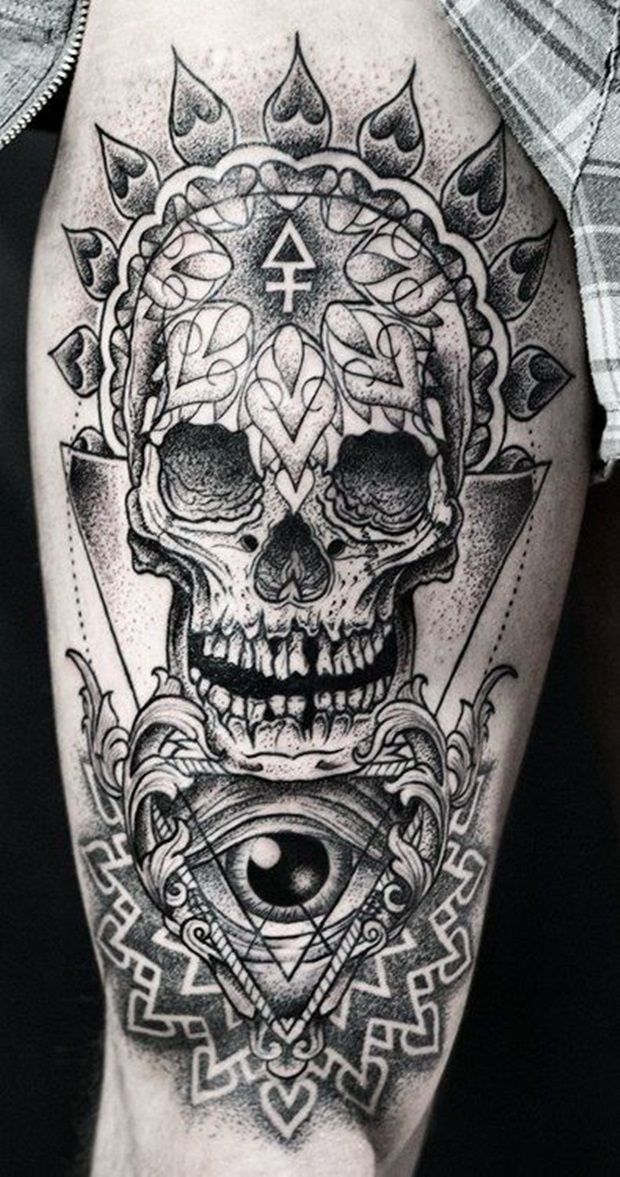 skull and eye leg tattoo for men