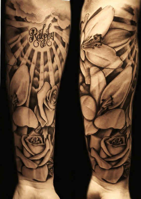 sunshine and flowers leg tattoo for guys